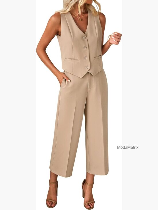 Pants - Sleeveless Blazer Vest and Wide Leg Capri Pants 2-Piece Work Outfit Set